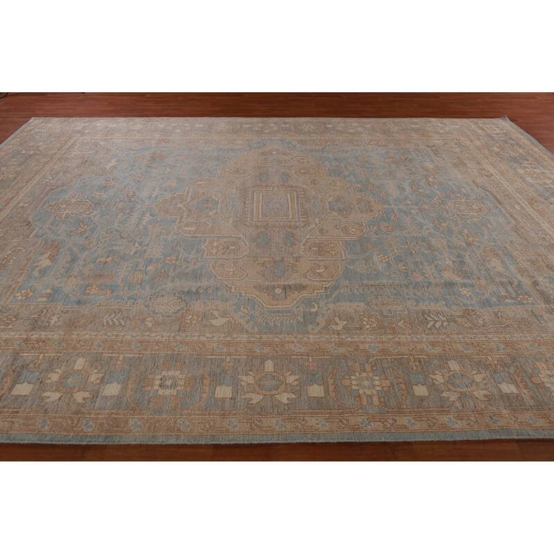 Hand Knotted Oriental 100% Wool Carpet Transitional Medallion Navy Blue & Blues Oushak Area Rug - 13' 11'' X 10' 4''