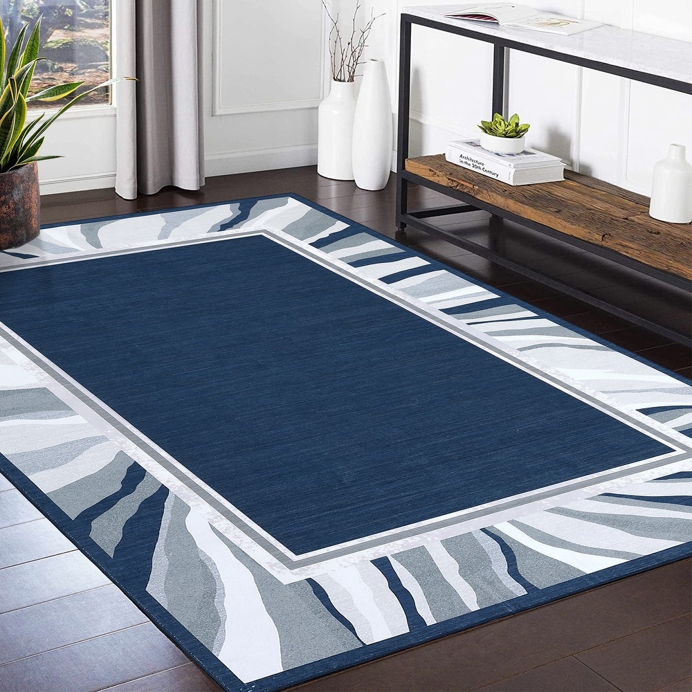 Modern Bordered Area Rugs for Living Room Bedroom Low Pile Non-Slip Rug Carpet