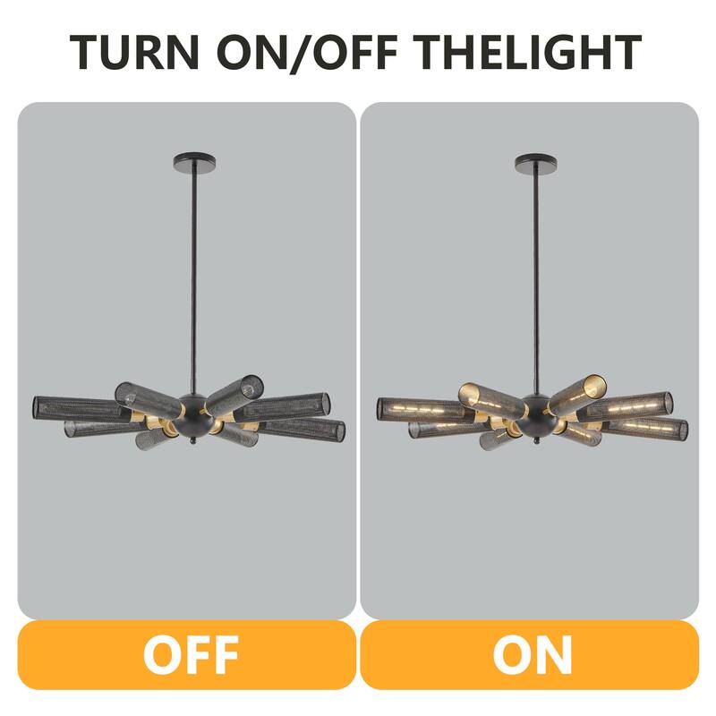 Modern Industrial Chandelier, 8-Light with Black and Gold Pendant Light Mesh Shades, for Dining Room, Living Room