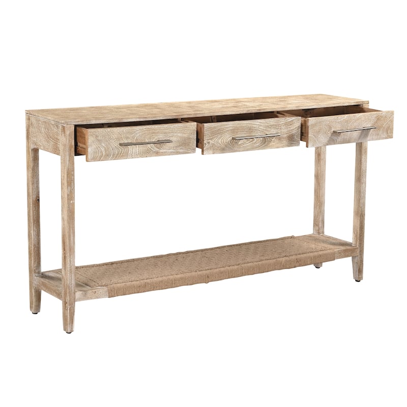Whispen Coastal Wood and Jute Storage Console Table by Sevita - 72" L x 12" W x 34" H