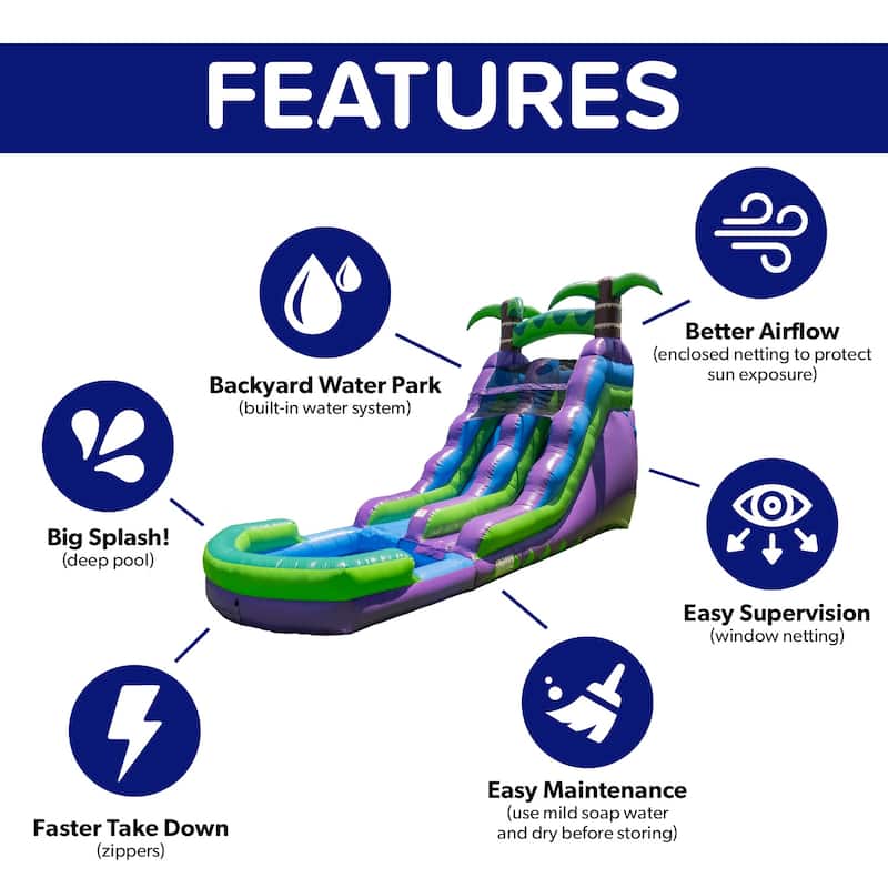 HeroKiddo 16' Purple Tropical Commercial Grade Inflatable Water Slide with Attached Pool & Air Blower Included, Kids Outdoor Fun