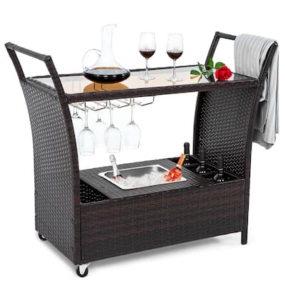 Outdoor Wicker Bar Serving Cart with Wheels and Ice Bucket,Brown