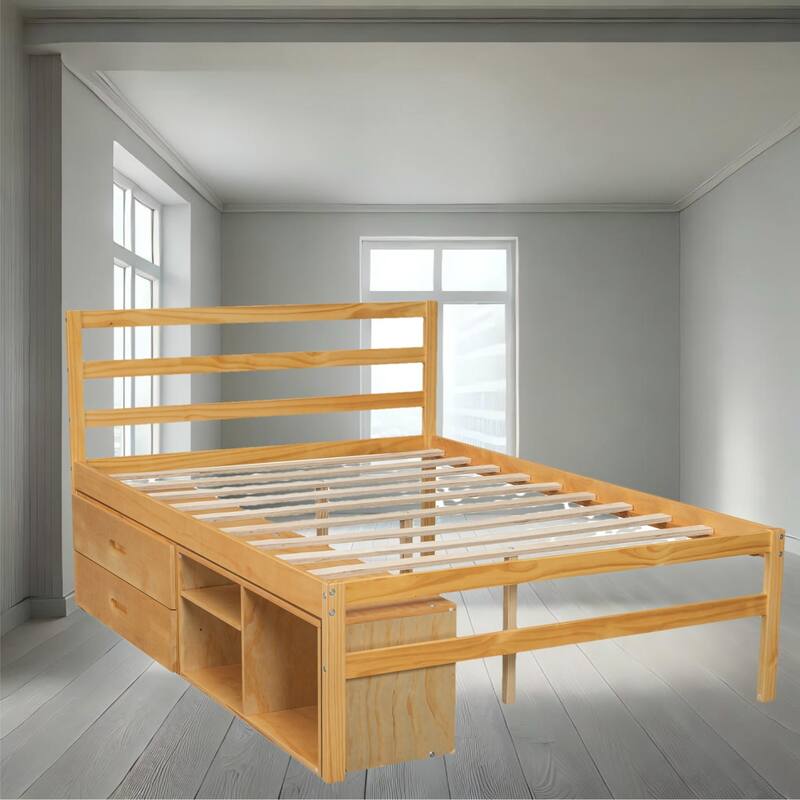 Pink Full Size Platform Bed with Under-Bed Storage Drawers, Removable Shelves, Solid Wood Frame