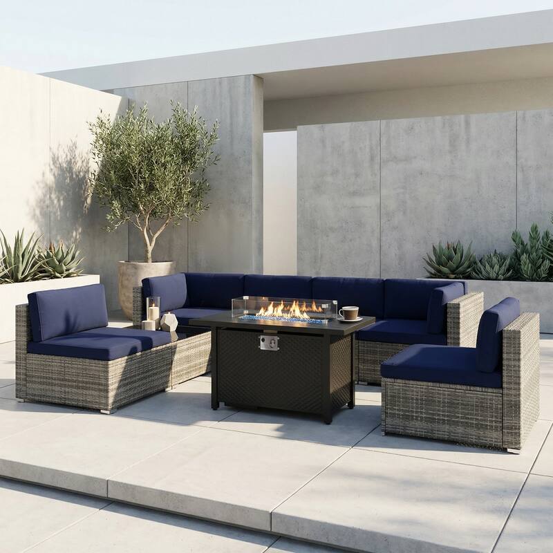 Outdoor Wicker Sectional Sofa 8-Piece Set with Fire Pit Table