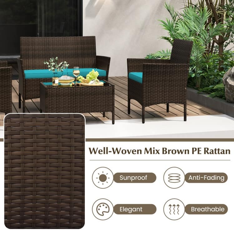 4 Piece Outdoor Rattan Patio Set with Cushions and Glass Table - 39.5" x 22.5" x 32"