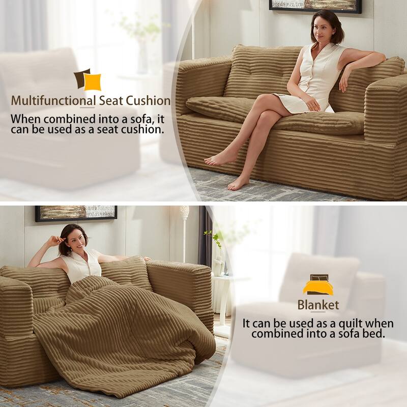 Convertible Floor Sofa Bed with Chaise Lounge, Corduroy 3-in-1 Sofa, Sofa to Bed with Dual-Purpose Blanket, No Assembly Required