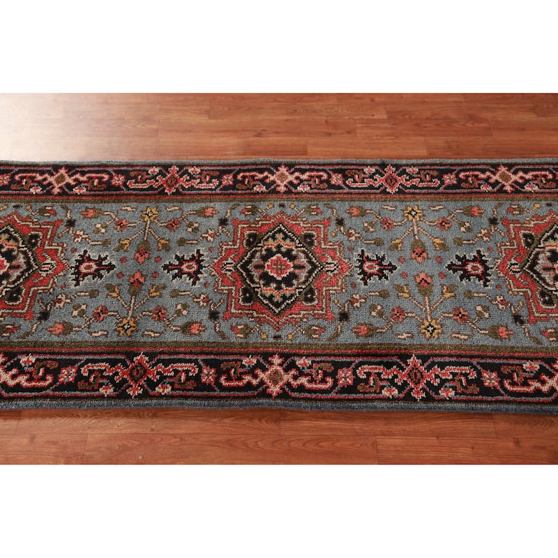 Hand Knotted Oriental 100% Wool Carpet Traditional Geometric Navy Blue & Blues Heriz (serapi) Runner Rug - 7' 11'' X 2' 7''