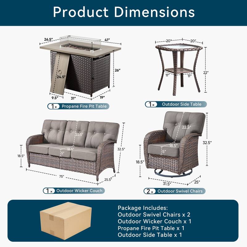 5 Pieces Outdoor Sofa Chair with 41" Fire Table