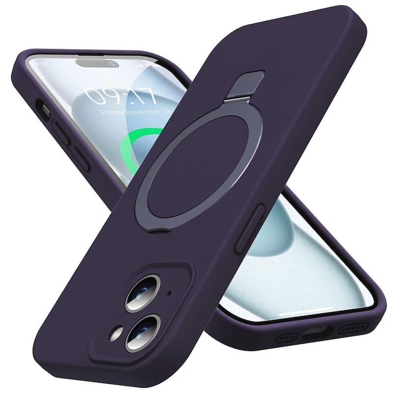iPhone 15 Case, Liquid Silicone Moisturizing Factor Extreme Soft Slim Phone Case with Stand Compatible with MagSafe 6.1 inch - Deep Purple