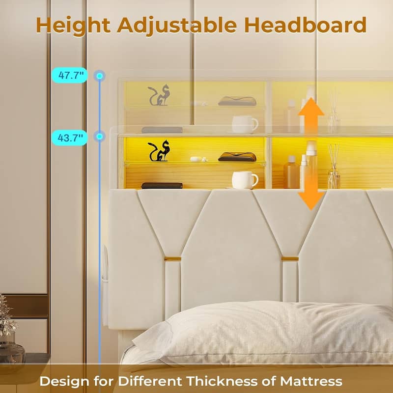 Bed Frame Storage Headboard RGB LED Lights Upholstered Platform