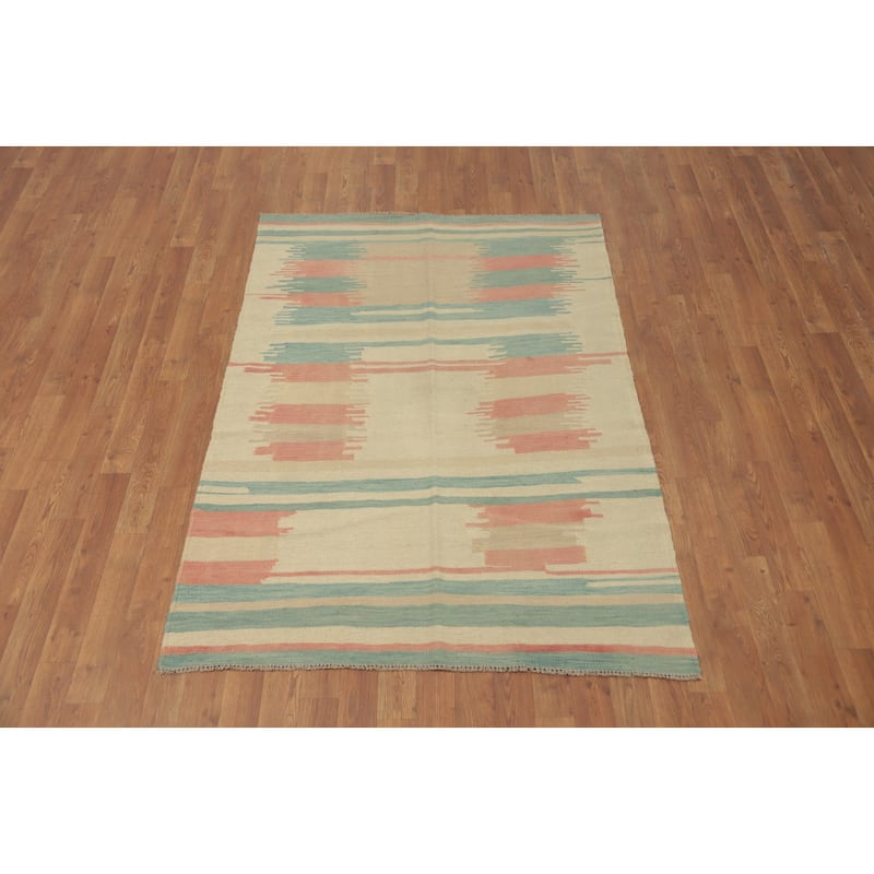 Hand Woven Oriental 100% Wool Carpet Southwestern Tribal Beige & Ivories Kilim Area Rug - 5' 8'' X 3' 10''