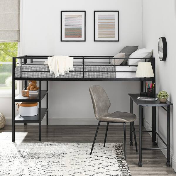 slide 2 of 8, Middlebrook Abner Black Twin Low Loft Bed with Desk and Shelves Black
