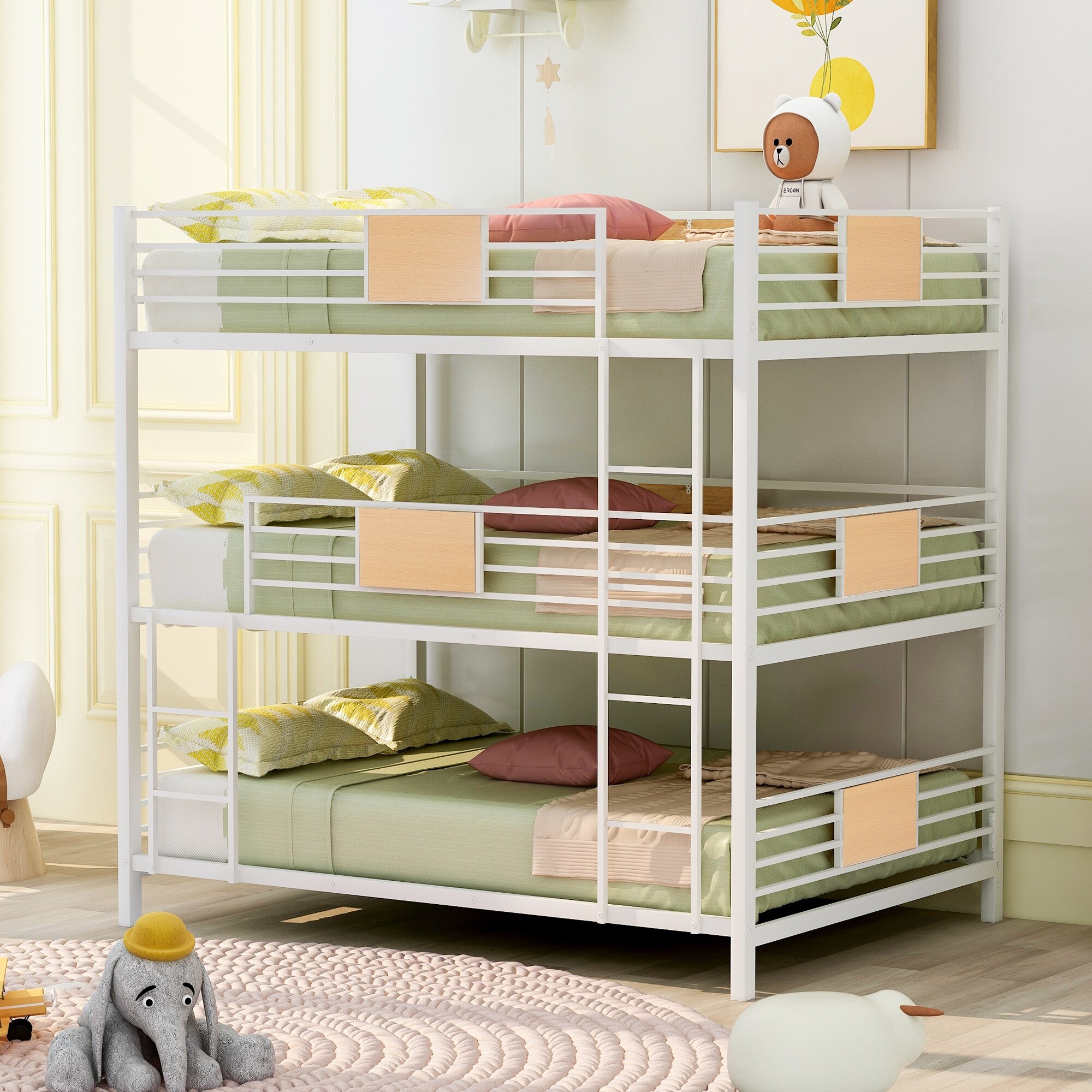 white bunk beds that separate