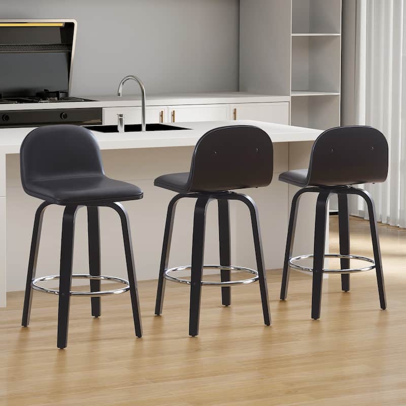 Faux Leather Upholstered Swivel Counter/ Bar Stools with Wood Frame - Set of 3 - Black - Counter Height