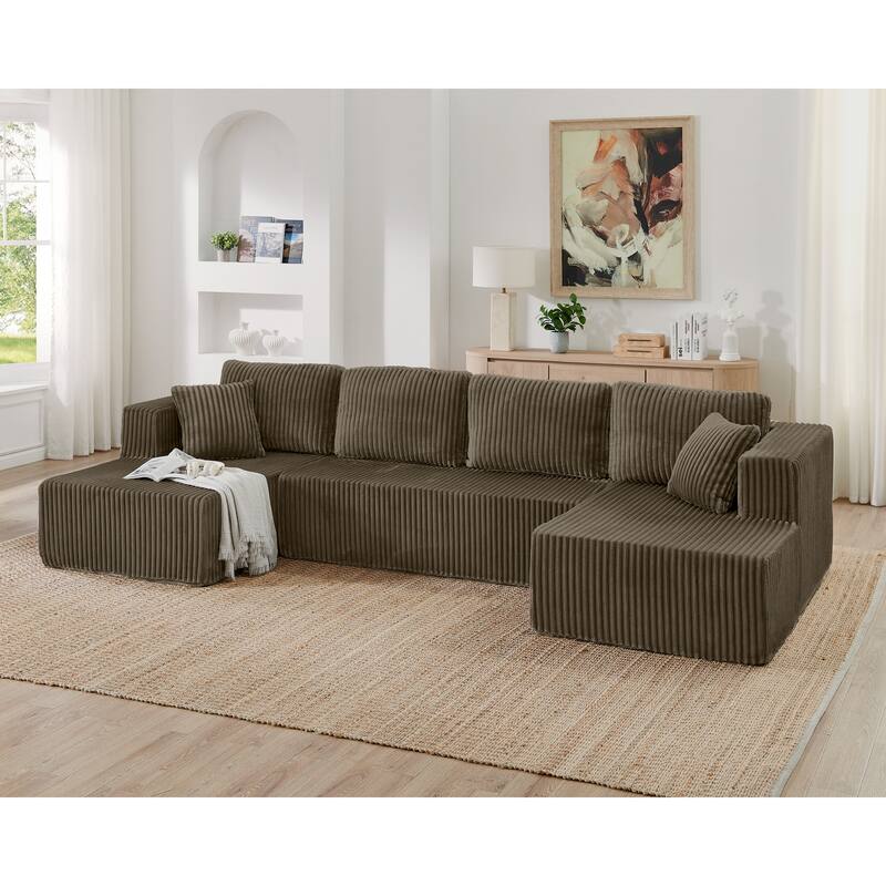 U shape Modular Sectional Sofa, Compressed Sectional Sofa Modern Minimalist Style Corduroy Couch, Sleeper Sofa - Brown