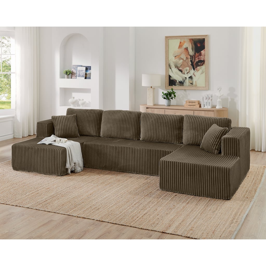 U shape Modular Sectional Sofa, Compressed Sectional Sofa Modern Minimalist Style Corduroy Couch, Sleeper Sofa