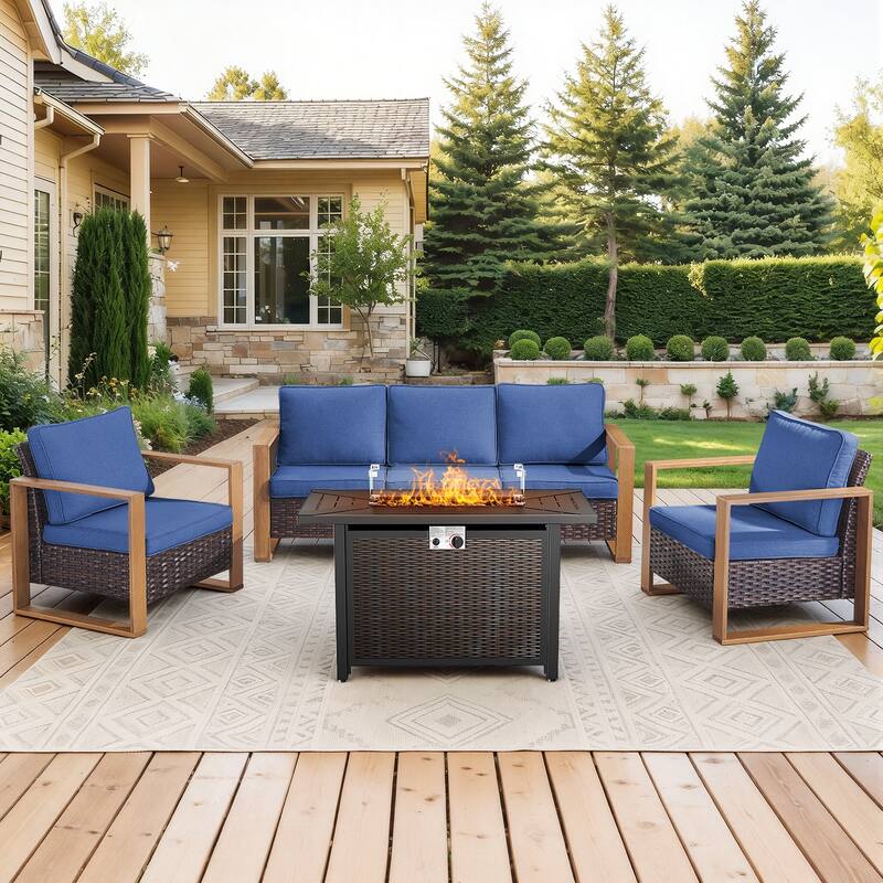 Meyreso Wicker Patio Conversation Set with Metal Fire Pit Table & Olefin Cushions