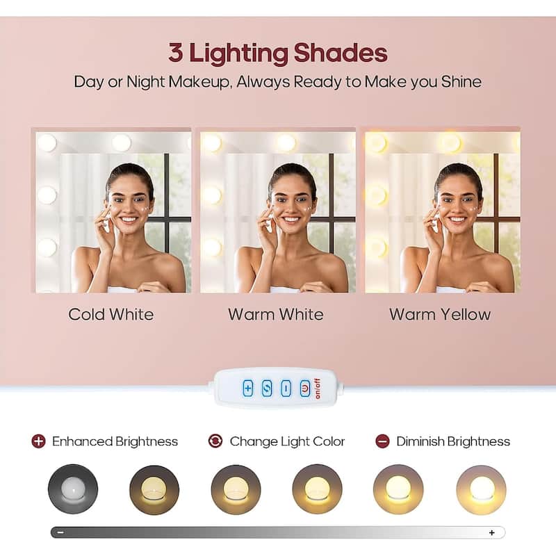Vanity with Extra Large Mirror and Lights Power Strip 3 Color Modes