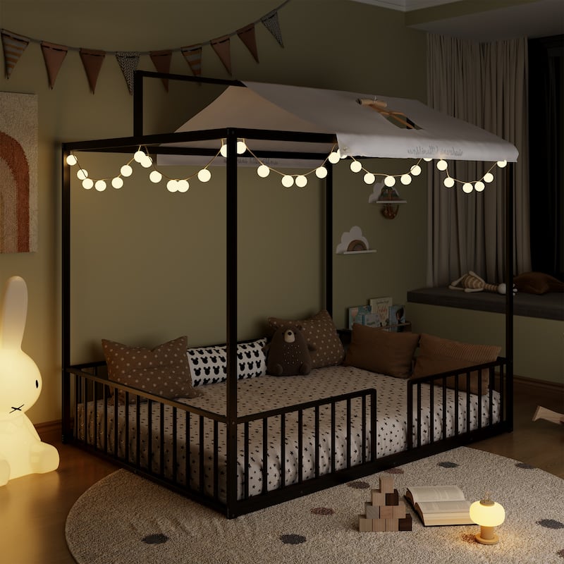 3-in-1 Convertible Metal Bed for Kids, Toddler Floor Bed, Fenced Bed and Montessori Elevated Bed with House-shaped Frame - Black - Full