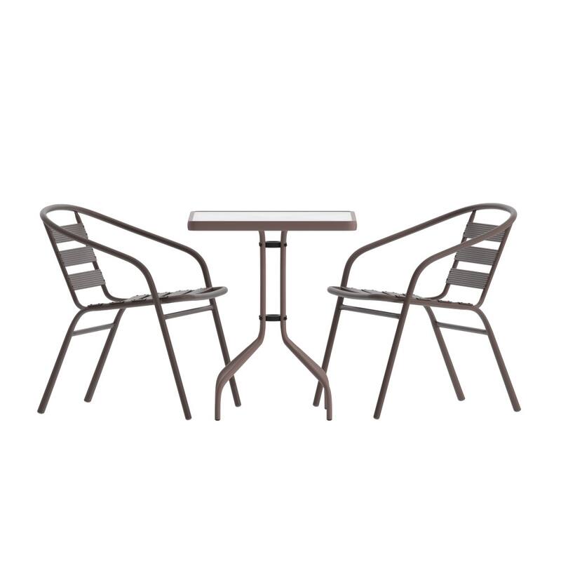 23.5" Square Glass Metal Table with 2 Metal Aluminum Slat Stack Chairs
