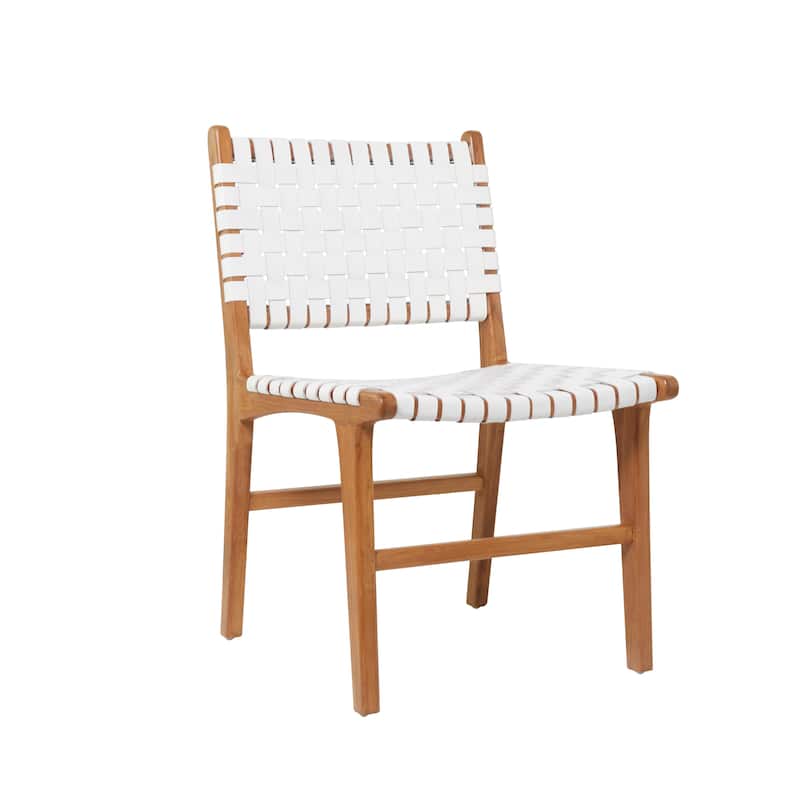 Brown, Black, White Leather Handmade Woven Kitchen Dining Chair with Teak Wood Frame