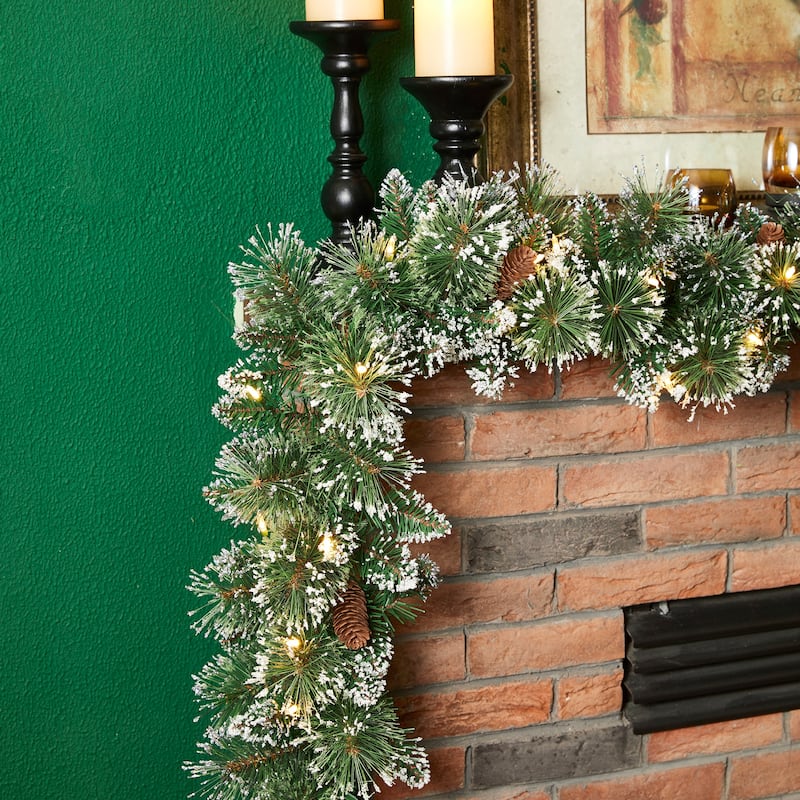 Glitzhome 9ft & 6ft Pre-Lit Frosted Greenery Pinecones Christmas Garland