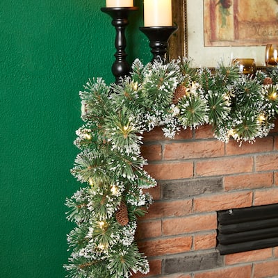 Glitzhome 9ft & 6ft Pre-Lit Frosted Greenery Pinecones Christmas Garland