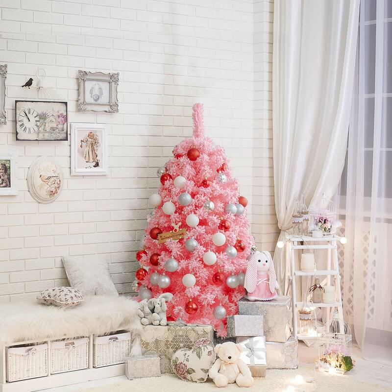 4.5 Feet Pink Christmas Tree with Snow Flocked PVC Tips and Metal Stand