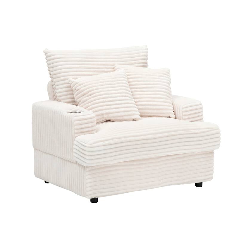 Corduroy Armchair Ottoman Set with Cup Holder, Spring Cushion and 2 Throw Pillows