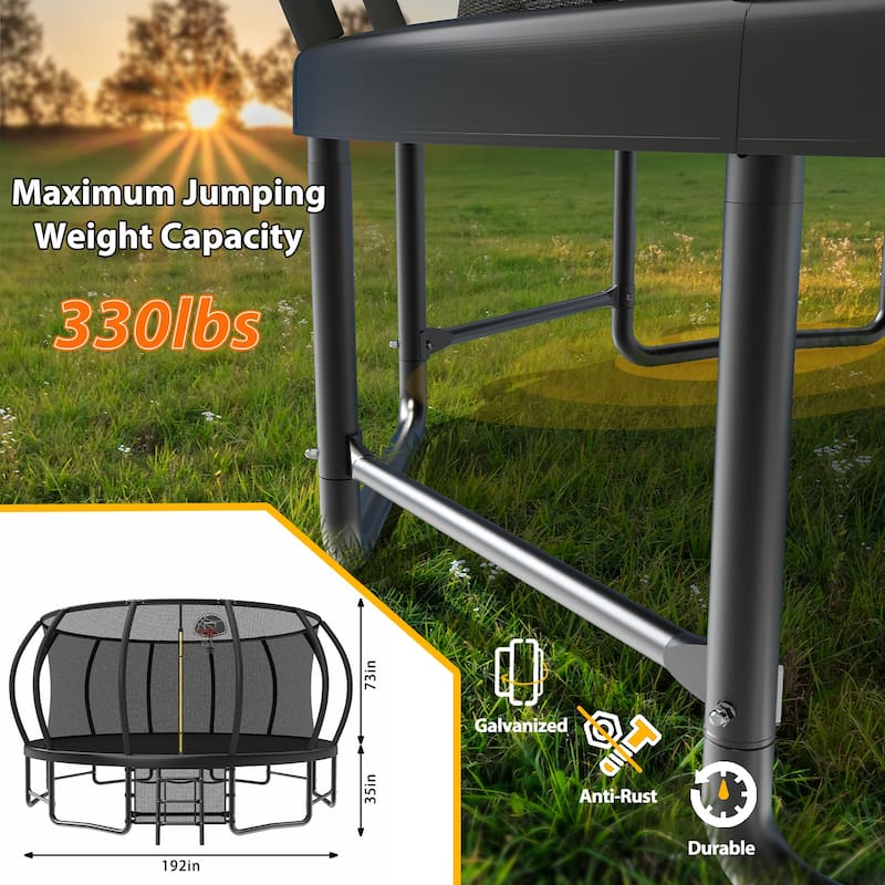 16FT Outdoor Trampoline for Kids and Adults, Pumpkin Trampolines with Curved Poles,Heavy Duty Trampoline