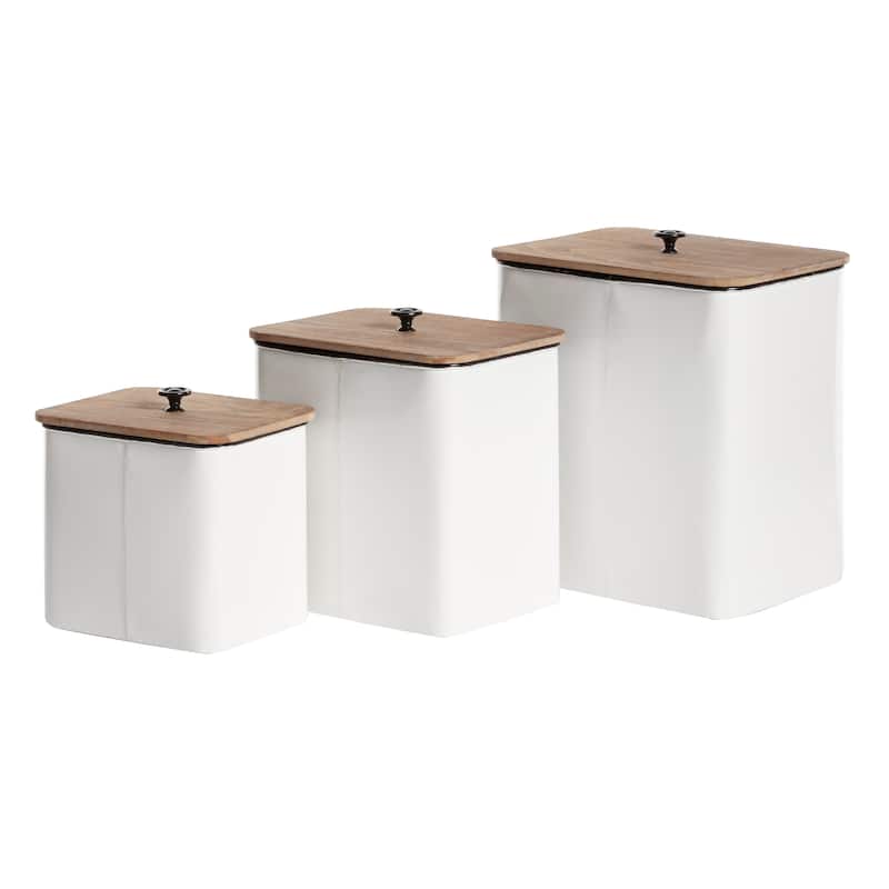 Metal Farm House Canisters with Wood Lids and Black Accents - Set of 3 White - Roche River Decor - 7"W x 10"L x 11"H