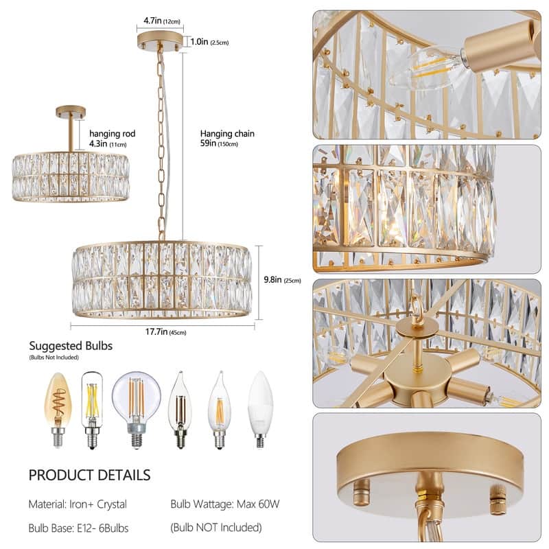 18" 6-Light Modern Crystal Drum Chandelier