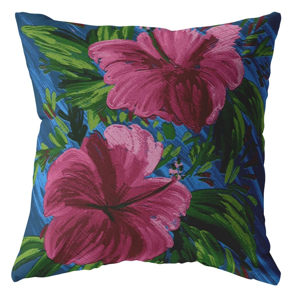 18" Pink Blue Hibiscus Suede Decorative Throw Pillow