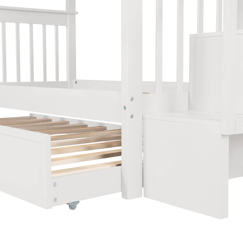 Stairway Twin Over Twin Bunk Bed with Twin Size Trundle & Stairs Storage, Detachable Solid Wood Triple Bedframe, for Kids Teens