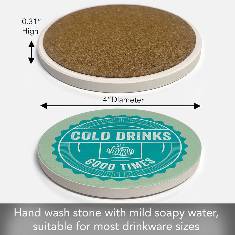 Cold Drinks 4 Pack Absorbent Stone Coaster with Protective Cork Backing Made in The USA 4" Round, Easily Wipes Clean