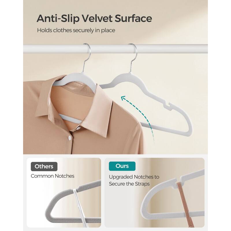 Space-Saving Velvet Anti-Slip Coat Hangers with Shoulder Notches and Swivel Hook