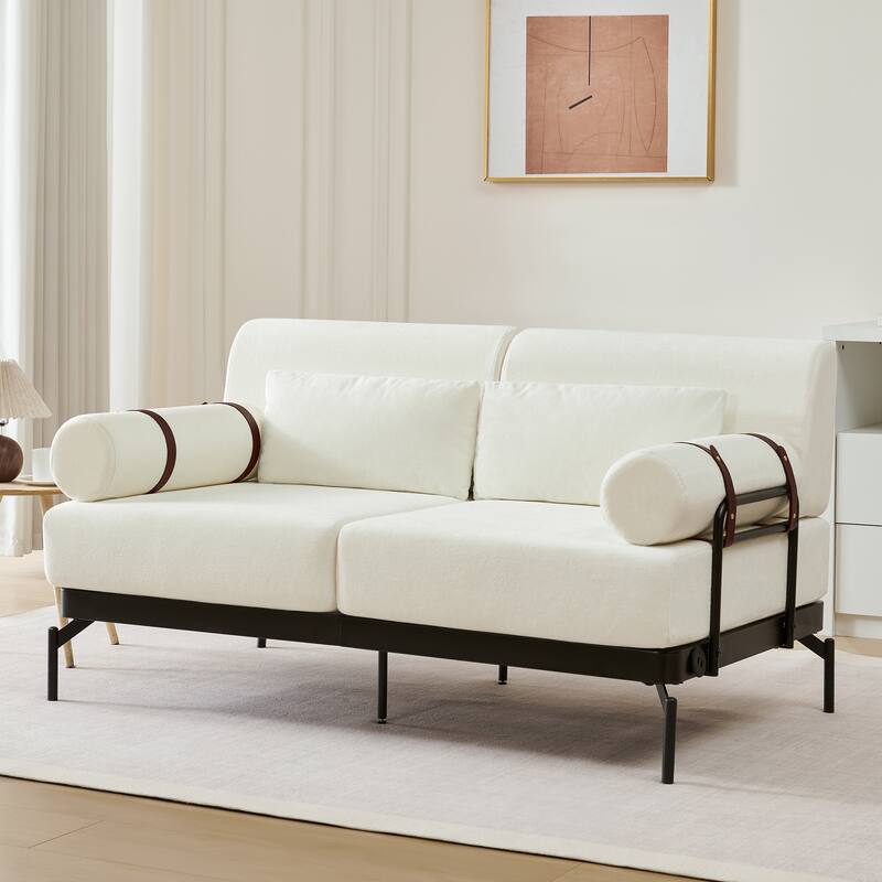 Chenille Loveseat Sofa, 59" 2 Seater Sofa with USB Ports, Round Arms, Adjustable Faux Leather Straps for Living Room