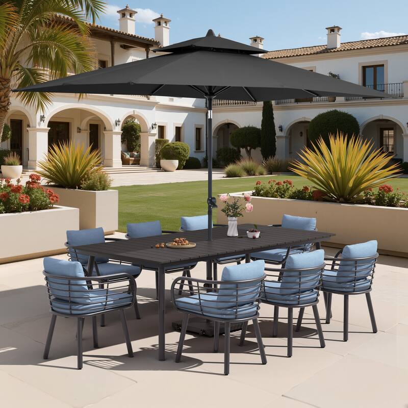 11-Piece Outdoor Patio Dining Set with Sunbrella Cushion Aluminum Dining Table and Chairs w/10 ft Umbrella and Base with Wheels