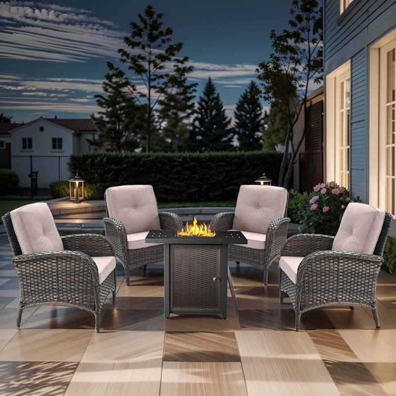 Outdoor Chairs with Fire Pit Table Set - Brwon Wicker Beige Cushion - 5PCS Patio Chair w/ Fire Table