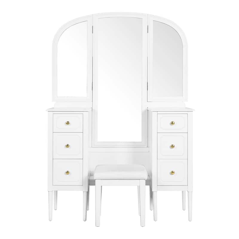 Makeup Vanity Desk with Triple Mirror, 6-Drawers and Stool