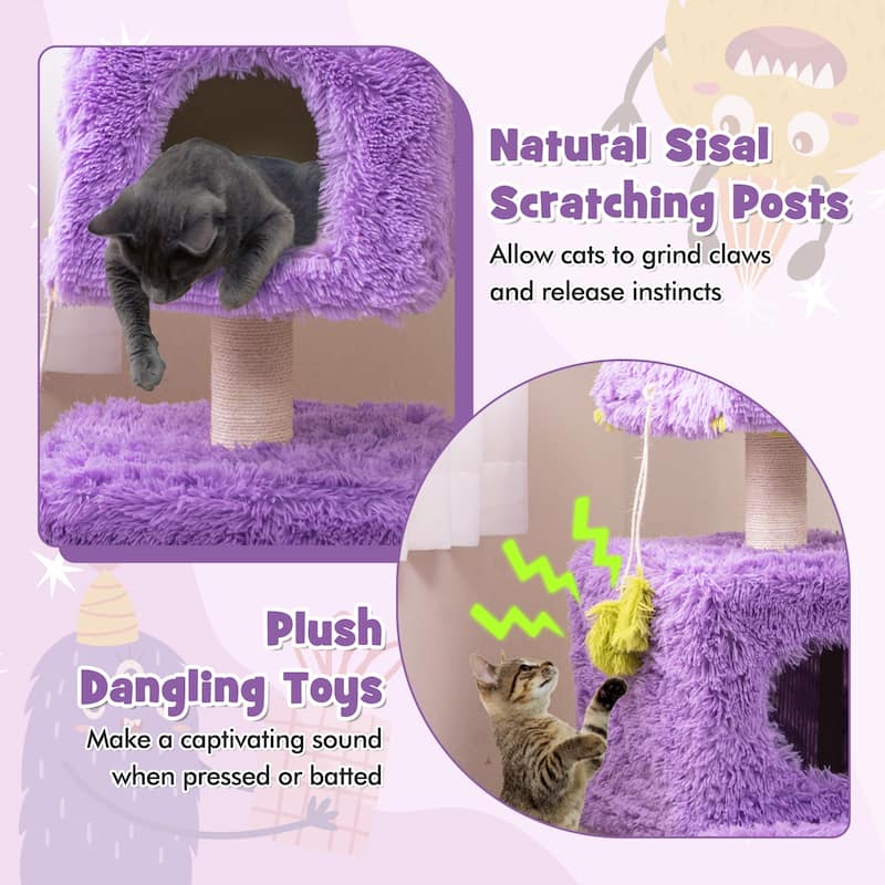 Cute Monster-Themed Cat Tower with 2 Comfortable Cat Condos and Plush Dangling Toys - 19" x 19" x 44"