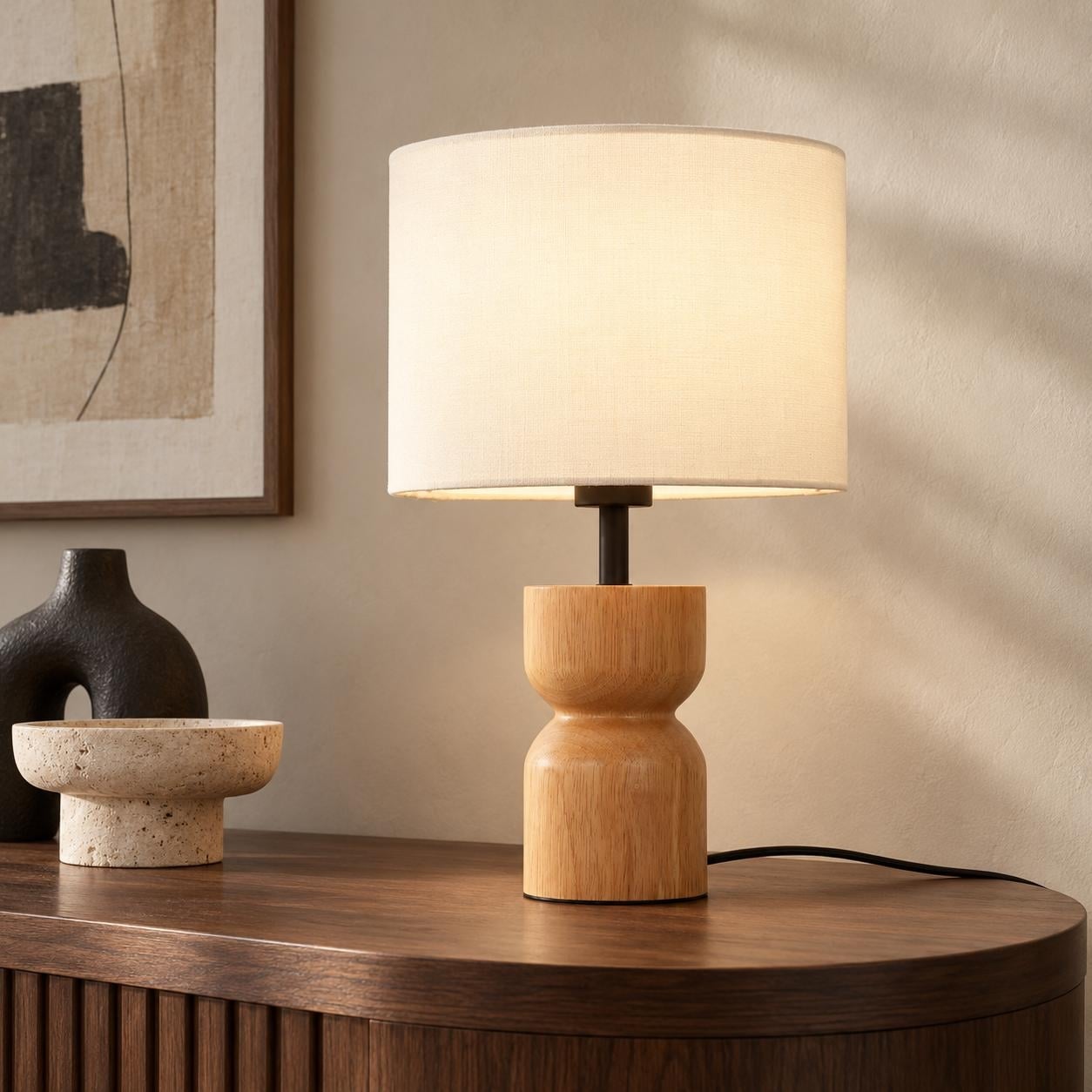 Natural Traditional 1-Light Table Lamp with White Fabric Drum Shade and Wood Base - 9.8