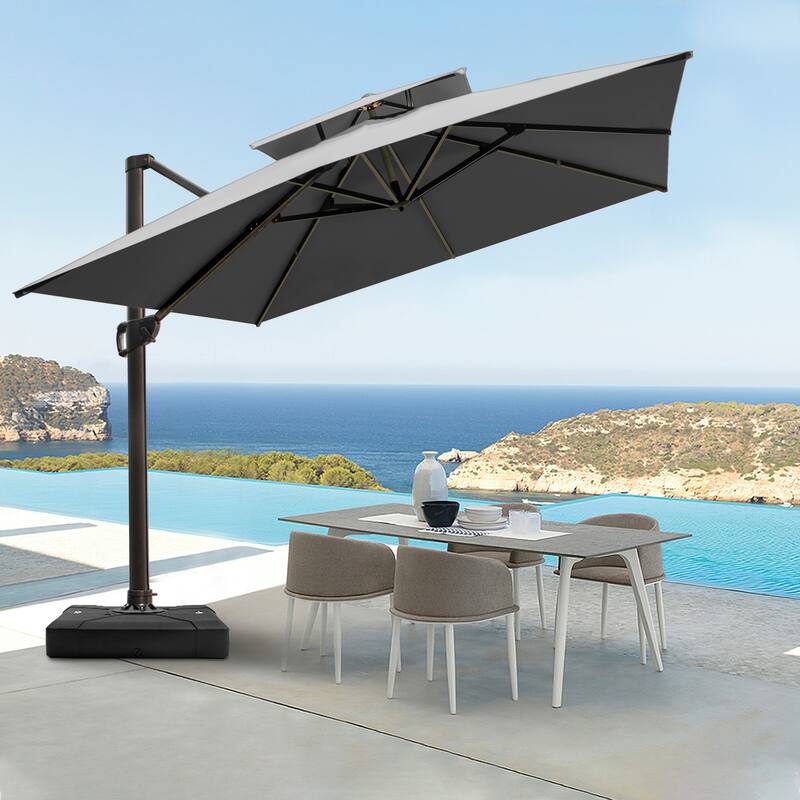 Pellebant 10 ft Double Top Patio Cantilever Umbrella with Base - Dark Grey