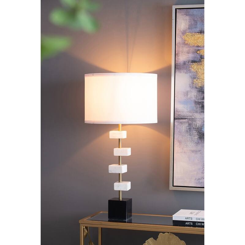 Marble Table Lamp with Brass Frame and White Fabric Shade Modern Vintage Style
