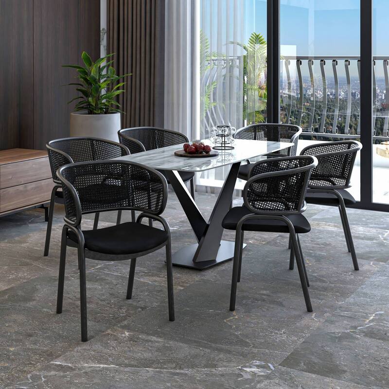 Ervilla Modern Upholstered Accent Side Chair with Wicker Back and Black Iron Legs for Dining Room & Kitchen, Set of 2 - Black