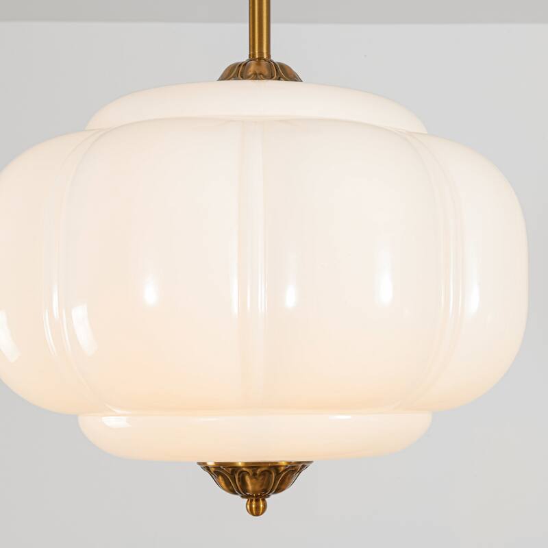 1-Light Retro Antique Brass Pumpkin Shaped Semi-Flush Mount Light/Pendant with Milk/Green Glass for Kitchen, Dining Room