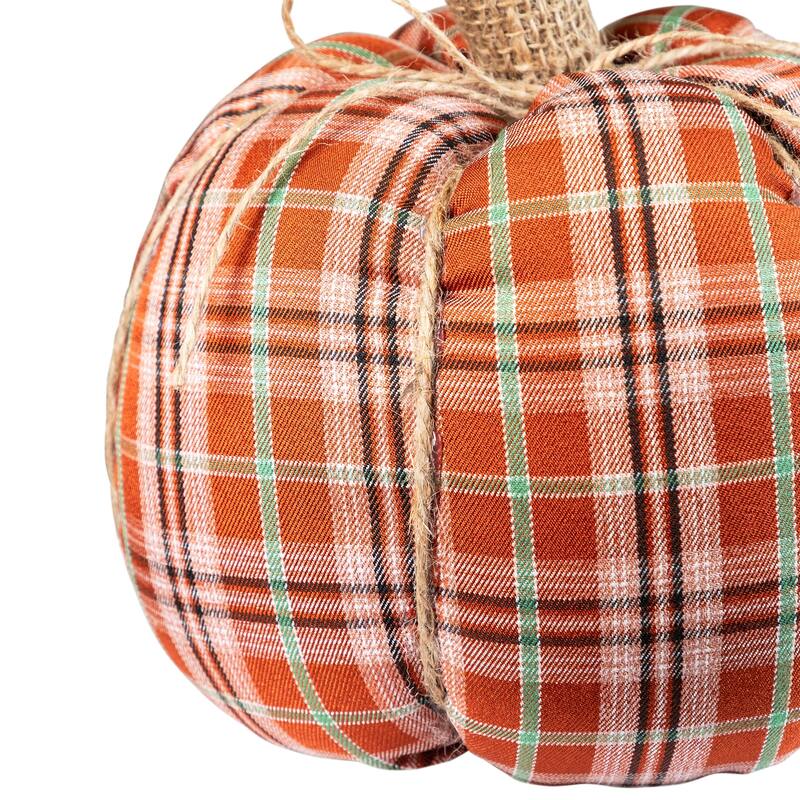 Plush Ribbed Plaid Fall Harvest Pumpkin - 8" - Orange and Green