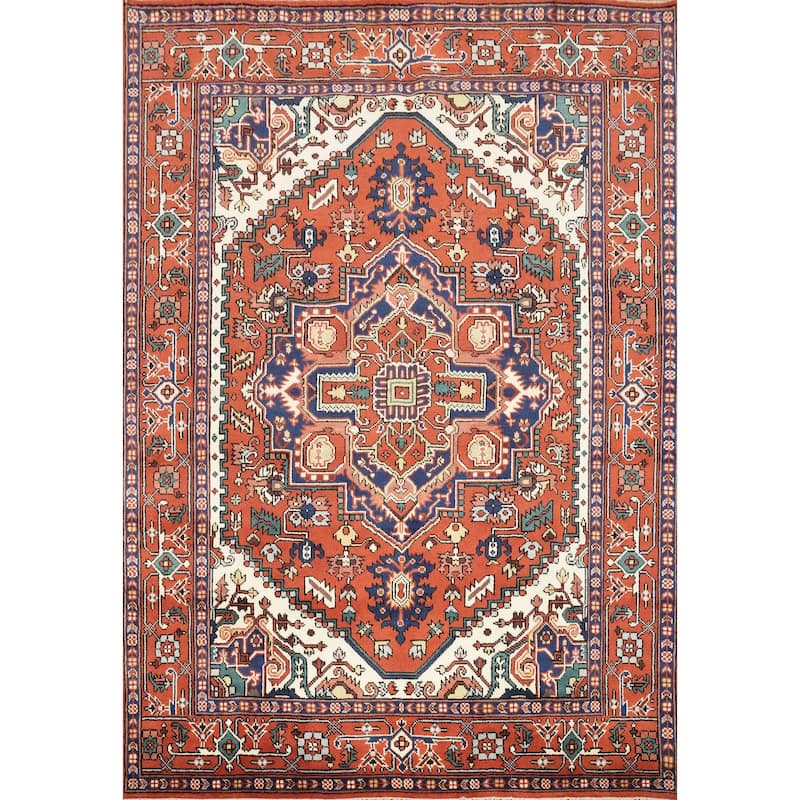 Hand Knotted Oriental 100% Wool Carpet Traditional Medallion Oranges & Rust Heriz (serapi) Area Rug - 9' 10'' X 7' 11''