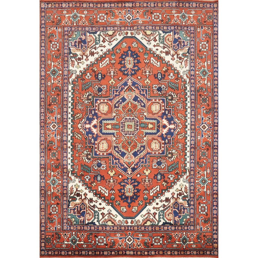 Hand Knotted Oriental 100% Wool Carpet Traditional Medallion Oranges & Rust Heriz (serapi) Area Rug - 9' 10'' X 7' 11''