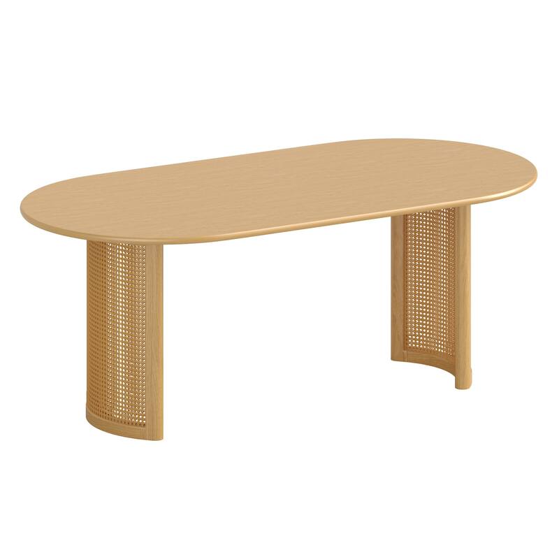Oval Dining Table with Arc-Shaped Edge Top and Rattan Woven Base Modern Farmhouse Kitchen Table for Living Room Dining Room